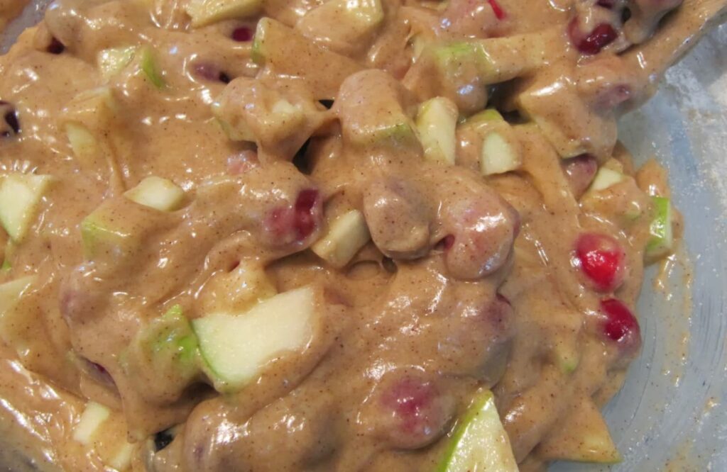 Cranberries and granny smith apples in muffin batter