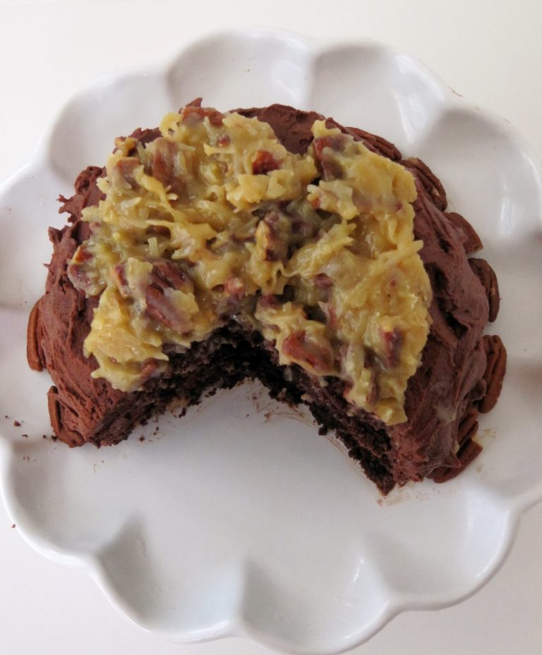German Chocolate Cake with Fudge filling and Pecan Coconut Frosting
