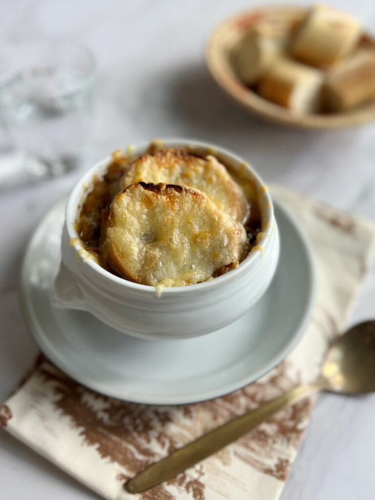 he best French onion soup recipe with Gruyere and Swiss cheese