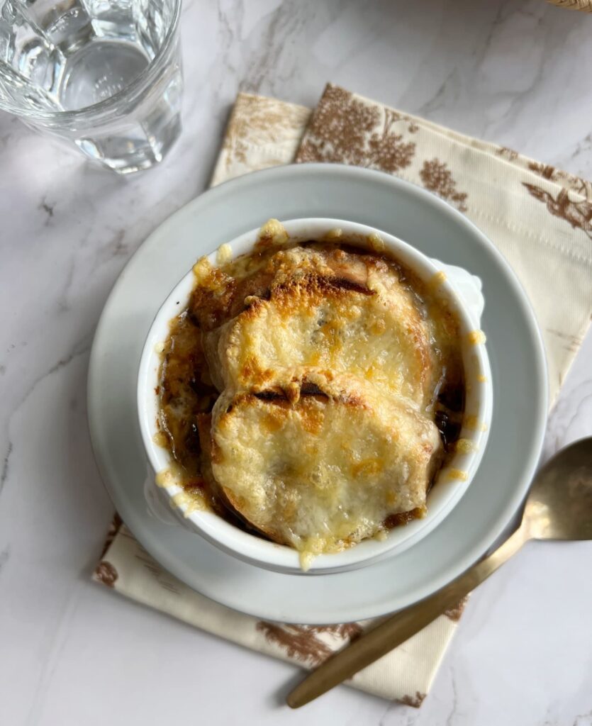 French onion Soup in a white bowl