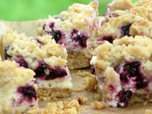 Blueberry cheesecake bars with crumb topping sliced on a piece of baking paper. 