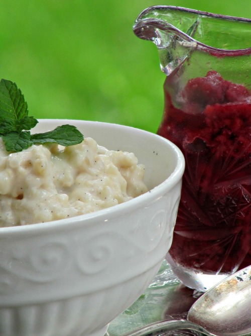 bowl of vanilla bean rice pudding with raspberry compote