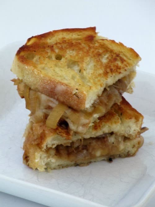 French onion grilled cheese on sourdough bread.