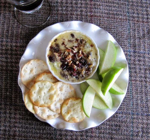 Baked Cambozola cheese in a ramekin. 