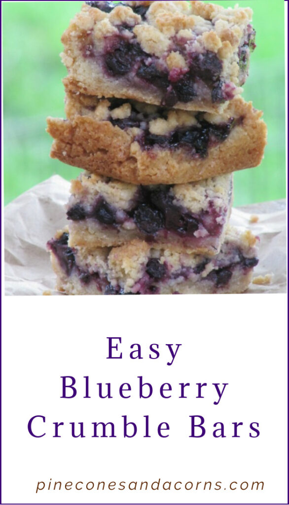 Blueberry Crumble bars on a stack sitting on brown paper. 