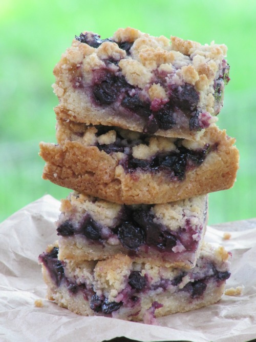blueberry-crumble bars on a stack.