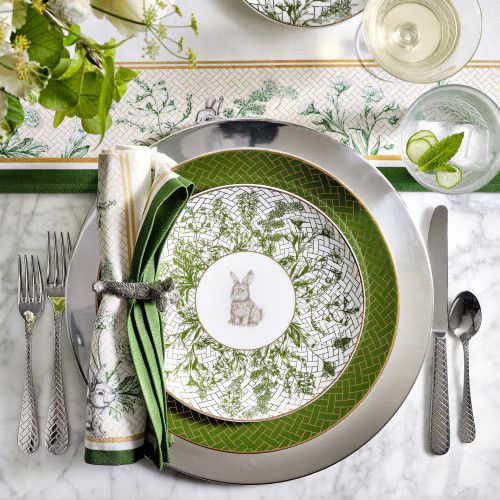 Green and white bunny place setting. 