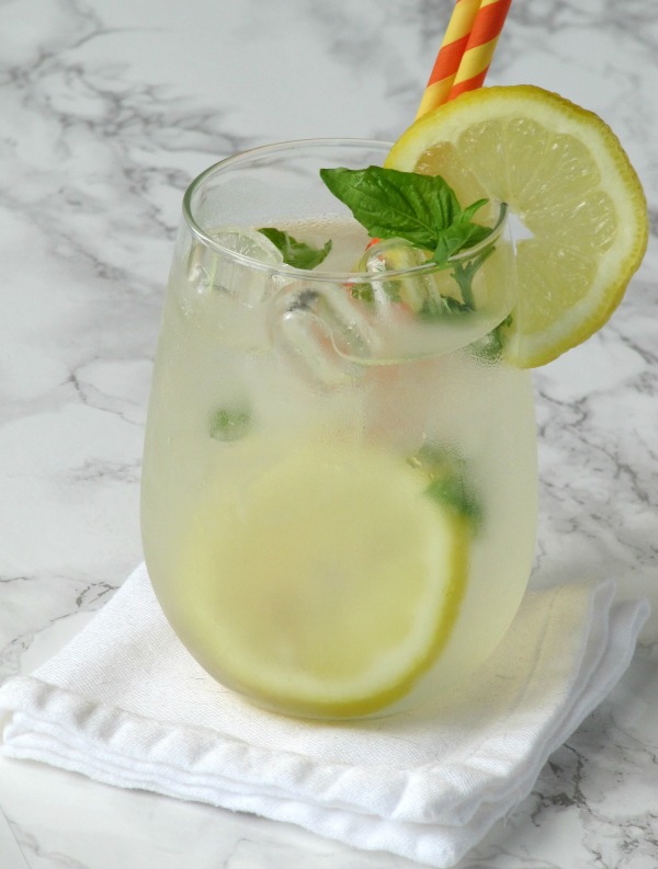 basil lemonade in a clear glass. 