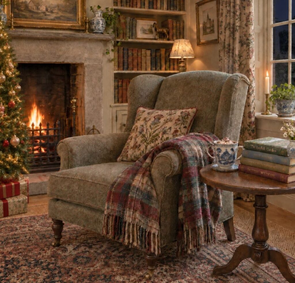 cozy reading chair by the fire with a stack of books