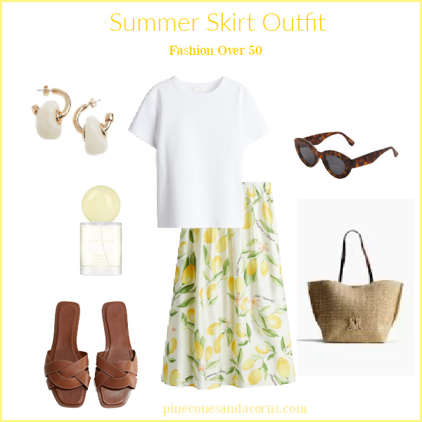 Fashion over 50 lemon skirt and white t-shirt outfit
