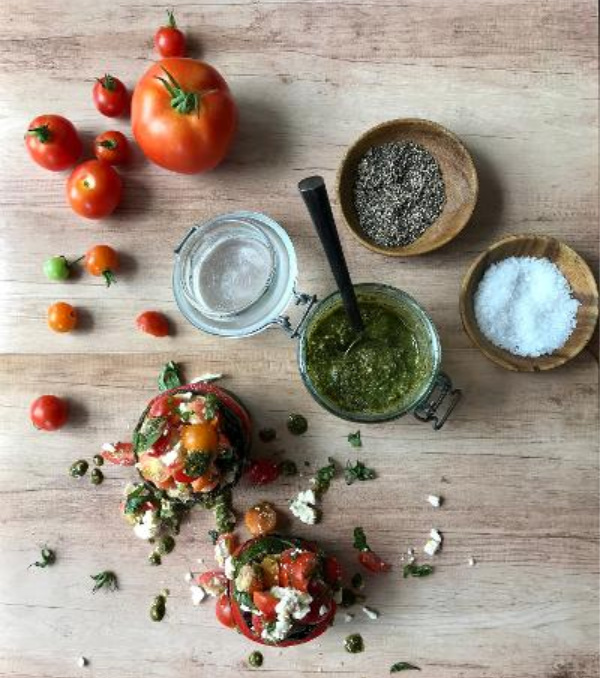Grilled Zucchini and Tomato Stack Salad  and salt and pepper. 
