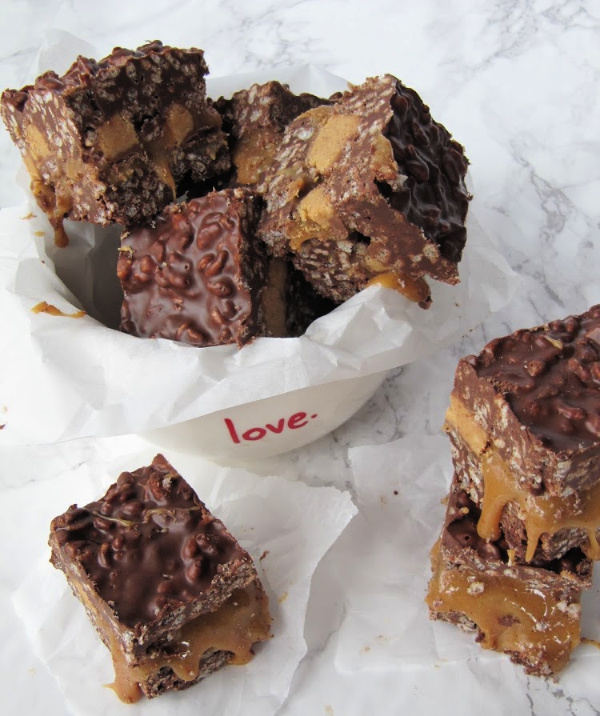 Caramel Stuffed Dark Chocolate Krispie Treats