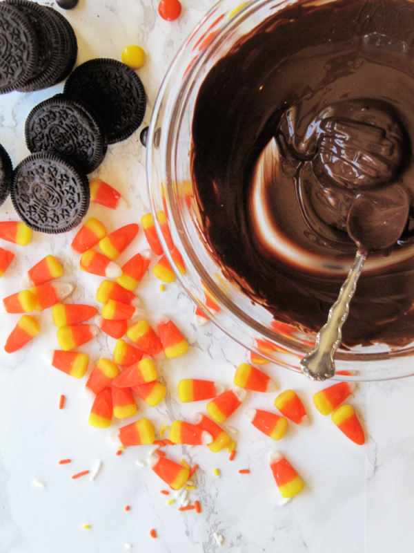 Melted chocolate Candy Corns and Oreos