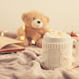 hot chocolate book and a stuffed teddy bear