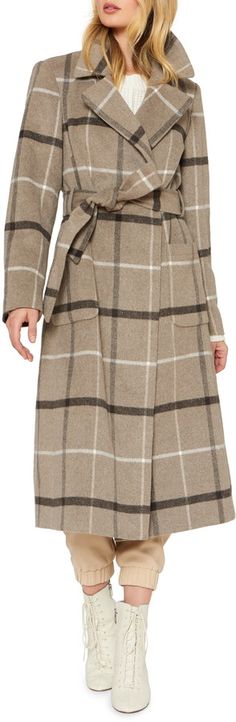 Tan and blue plaid wrap coat