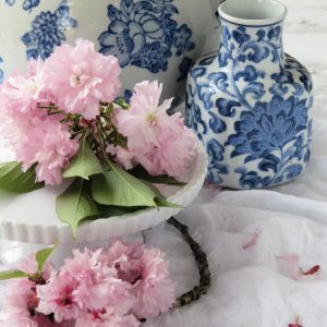 pink cherry blossoms on a white cake plate with blue and white chinoiserie vases pinecones and acorns blog