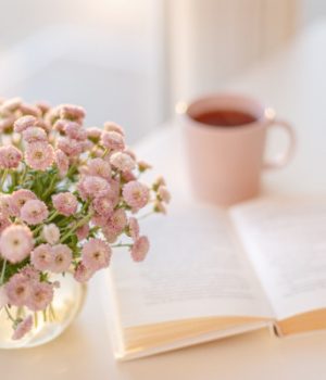 pink flowers and a book