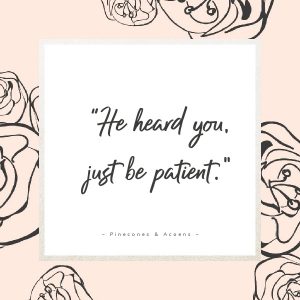 He heard you just be patient quote on a peach colored background with flowers