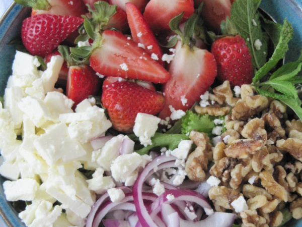 Strawberry Feta Tossed Salad with Pesto Vinaigrette closeup