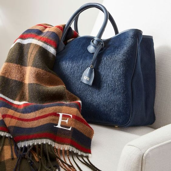 plaid scarf and blue hair on hide tote from Mark & Graham