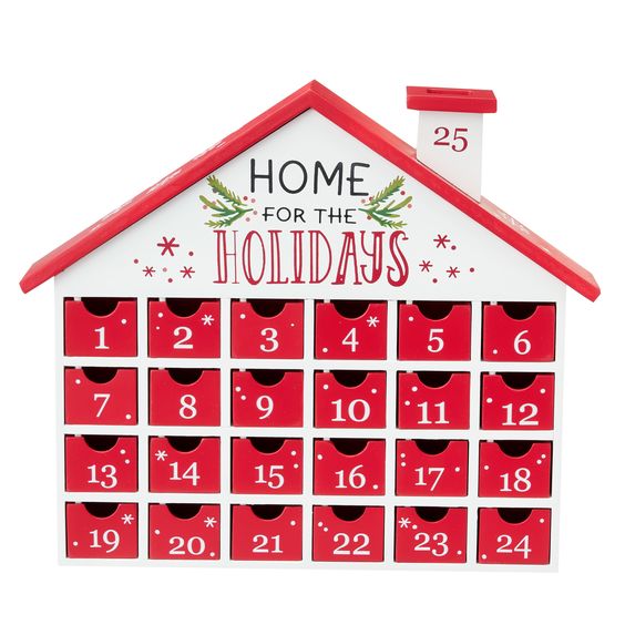 Red and white wood house advent calendar that says home for the holidays 