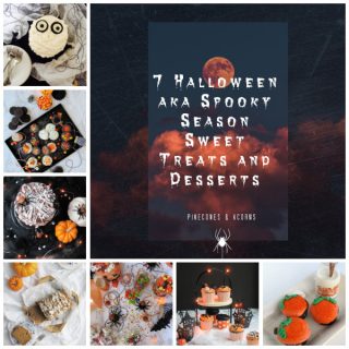 A Collage of 7 Halloween treats including cakes, cupcakes, cookies and more.