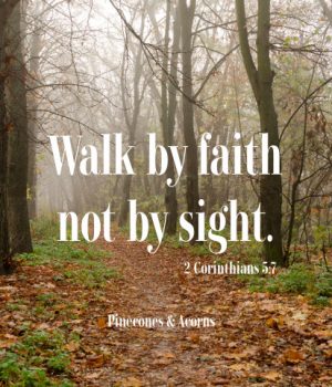 leaf path in a forest with the words walk by faith not by sight in white letters over the top