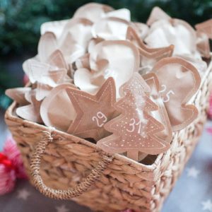 Basket of brown paper wrapped gifts with numbers