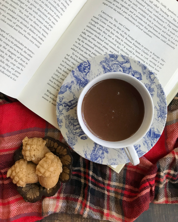 cup of hot chocolate in a blue and white toile cup and saucer laying on top of an opened book with a plaid throw and acorn cakelets