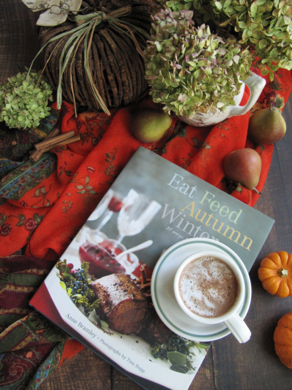 flatlay with cookbook dried hydrangeas cup of hot chocolate and small pears and pumpkins 