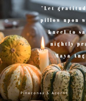 "Let gratitude be the pillow upon which you kneel to say your nightly prayer." quote with a backound of gourds pumpkins and candles
