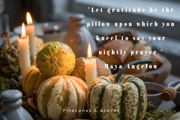 "Let gratitude be the pillow upon which you kneel to say your nightly prayer." quote with a backound of gourds pumpkins and candles