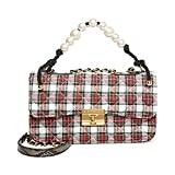 red plaid quilted purse with a chain wrapped in white leather