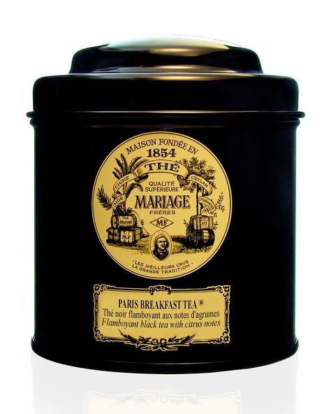 black canister with yellow label of French breakfast tea