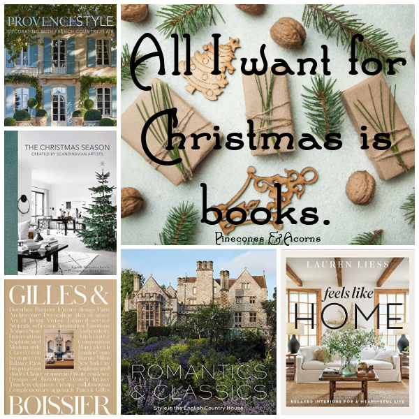 All I want for Christmas is books collage with 5 book covers and a square with brown paper packages and sprigs of pine and nuts