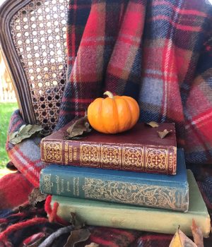 A French caned chair with a burgundy plaid throw draped on the right side. There is a pile of vintage books stacked on the seat of the chair with a small orange pumpkin resting on the top and leaves scattered around.