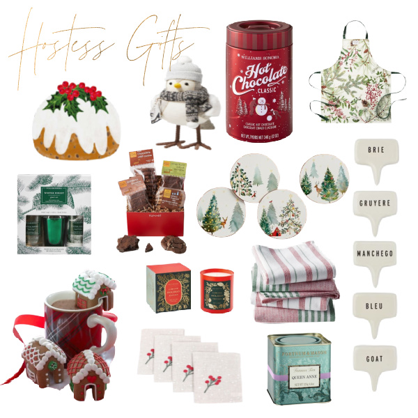 Collage of Hostess gifts including hot chocolate, candles, coasters, tea, an apron and more