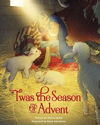 book cover of Twas the Season of Advent with lambs and a baby in manger