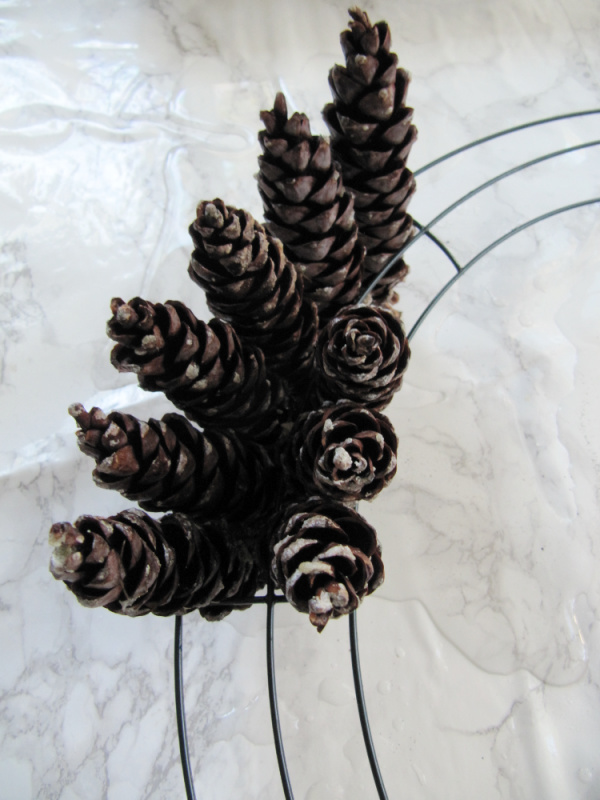 pinecones in wire wreath form