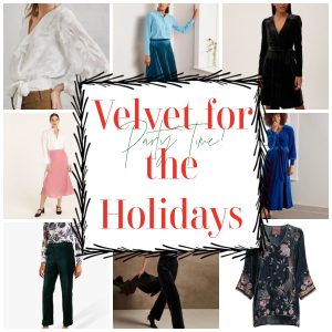 collage of women velvet outfits with a white square in the center that says party time velvet for the holidays