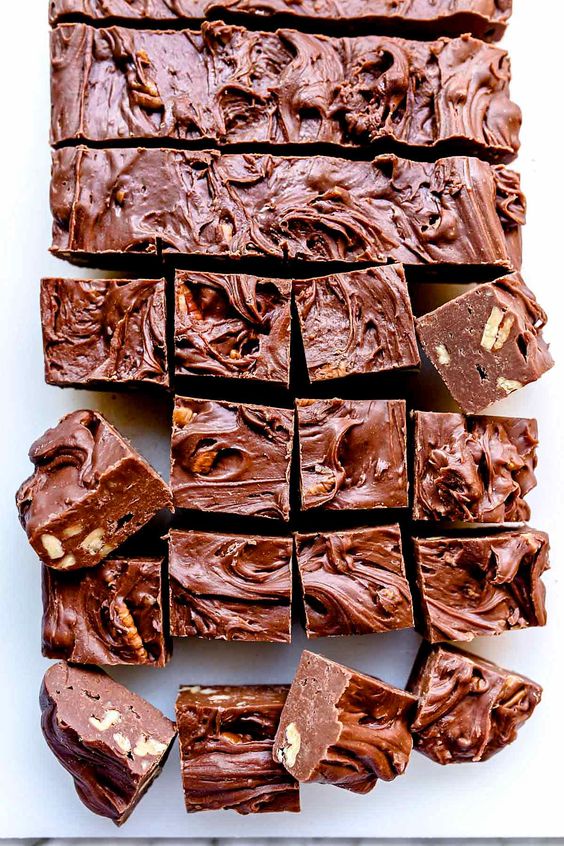 chocolate fudge with nuts cut into squares