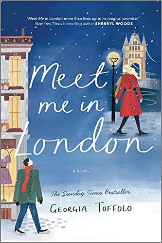 Book cover of meet me in London with a girl in a red coat and a guy in a green coat walking street in London