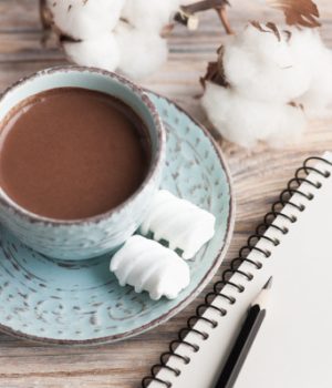 pale blue cup and saucer filled with hot chocolate sitting next to a journal and some cotton