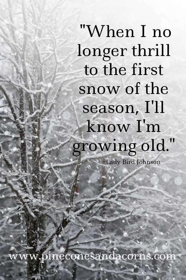 snow falling in a forest black and white with the quote when I know longer thrill in the first snow I know I am going old