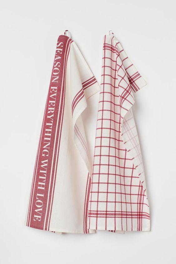 Pair of red and white tea towels season everything with love