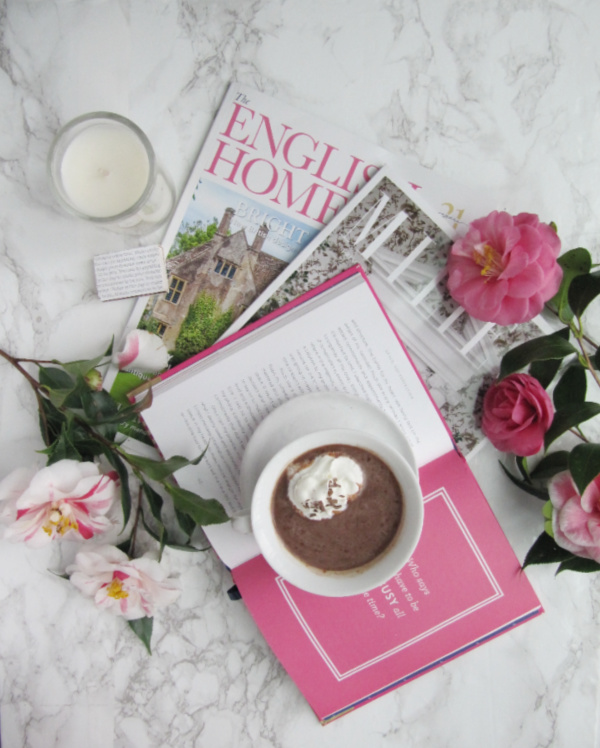 Camellia flowers and magazines. 