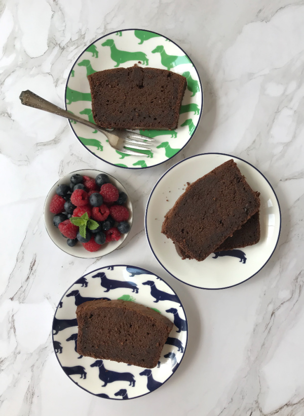 Nigella Lawson Dense Chocolate Loaf Cake with berries Kate spade dachshund plates
