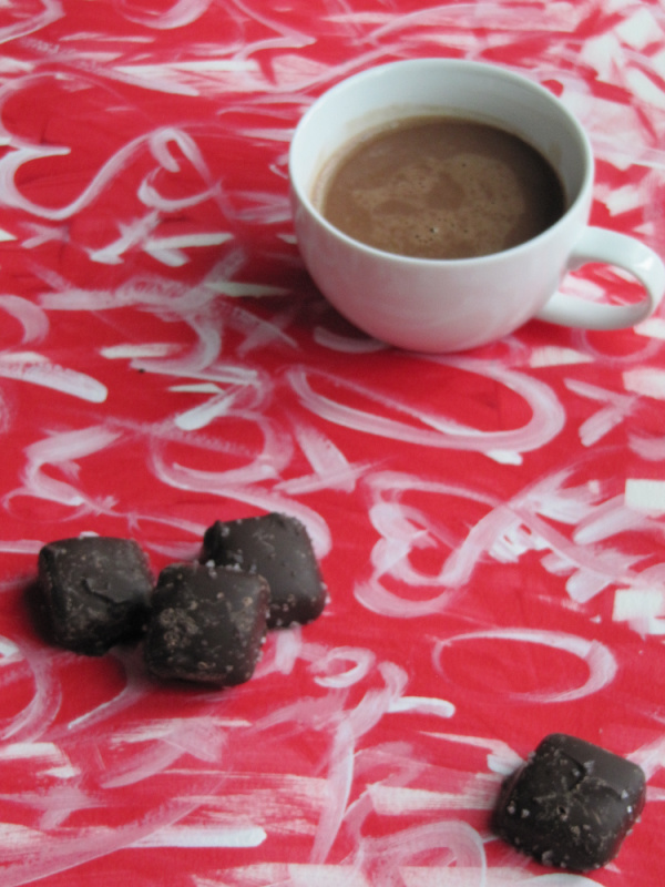cup of chocolate and chocolate caramels on a red and white painting
