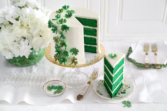 Green Velvet cake with white frosting and green shamrocks