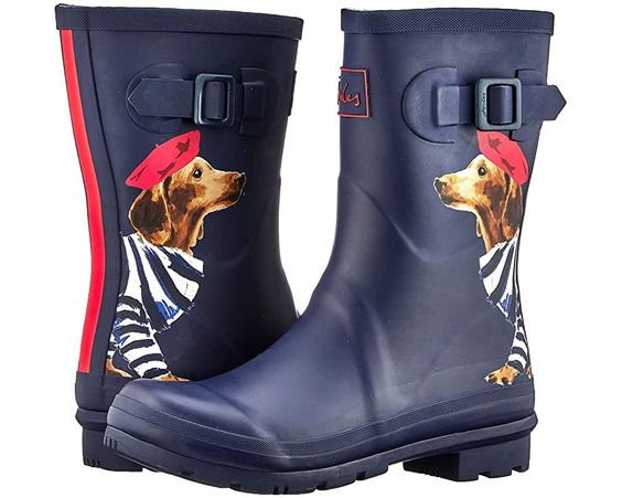 blue wellie boots with a dachshund wearing a blue and white shirt and a red beret